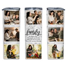 three canisters with pictures of family and their children on them, one is holding a baby