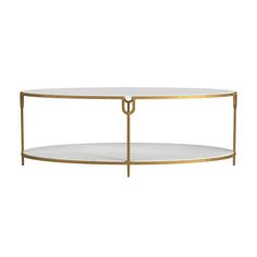 a white and gold coffee table with two shelves on each side, one shelf has a marble top