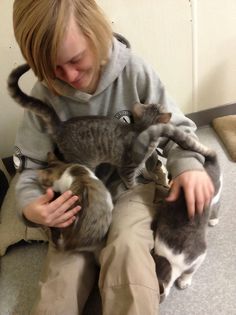 a woman sitting on the floor with three cats in her lap and one is holding it up