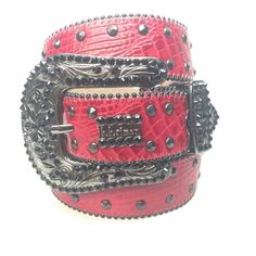 B.B. Simon Red Croc Belly Crystal Belt - Dudes Boutique Mardi Gras Bracelet, Bb Simon Belts, Double Stud, Bling Belts, Crystal Belt, Red Belt, Belt Style, Pink Suede, Mens Belts