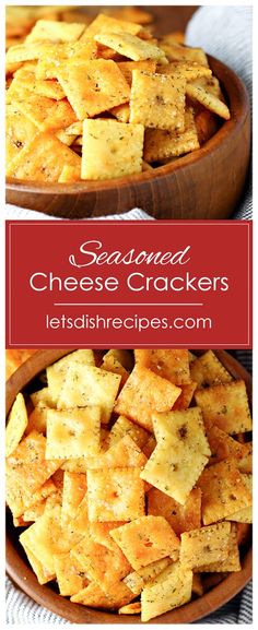 two bowls filled with cheesy crackers on top of a table