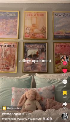 a bed with pillows and pictures on the wall above it that reads college apartment use template