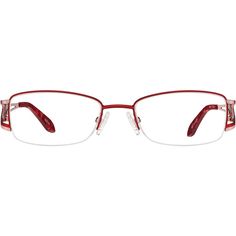 Seek and you shall find attention in these whimsical rectangle glasses. The stainless steel eyeglasses features bold colors and wave-shaped cutouts on the temple arms. For added comfort the look is fitted with adjustable nose pads and acetate temple tips. | Zenni Women's Rectangle Prescription Eyeglasses Half-Rim Red Stainless Steel Heart Shaped Prescription Glasses, Jocelyn Core, Red Heart Shaped Glasses, Purple Glasses Frames, Red Frame Glasses, Venus In Capricorn, Half Rim Glasses, Red Rimmed Glasses, Cherry Wine