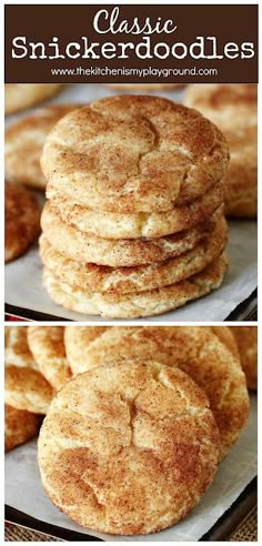 some pancakes stacked on top of each other with the words classic snickkerdoodles