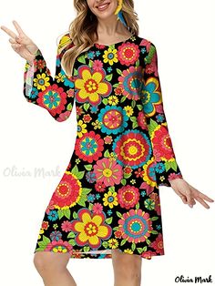 Olivia Mark - Plus Size Retro Dress, Women's Plus Floral Print Bell Sleeve Round Neck Slight Stretch Halloween Party Dress Retro Long Sleeve Halloween Dress, Fun Long Sleeve Spring Dresses, Spring Long Sleeve Dress For Costume Party, Long Sleeve Spring Costume Party Dress, Fun Fitted Long Sleeve Dress, Multicolor Halloween Costume Party Dress, Multicolor Long Sleeve Dress For Costume Party, Halloween Long Sleeve Stretch Mini Dress, Long Sleeve Mini Dress For Halloween