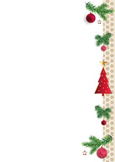 a christmas border with ornaments and baubles on the corner, as well as an ornament