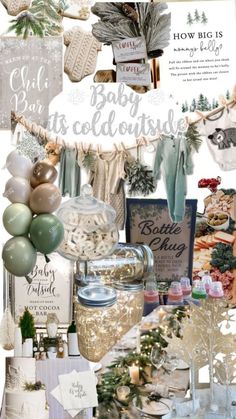 a collage of different items and decorations for a baby's first christmas party