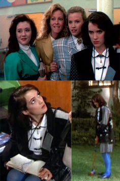 four different pictures of women in school uniforms