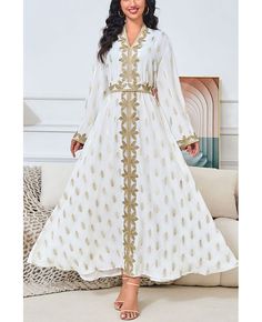 Get 10% off now! Buy white with gold vneck embroidered kaftans abaya dress for women at cheap price online. Free stable shipping and pro custom service since 2009. Elegant White V-neck Thobe, Gold Floor-length Thobe For Eid, Gold V-neck Kaftan For Wedding, Traditional White V-neck Maxi Dress, Elegant White V-neck Kaftan, Gold Embroidered Floor-length Thobe, Embroidered Gold Floor-length Thobe, White Dress With Gold Embroidery For Eid, White Kaftan With Gold Embroidery For Eid