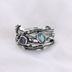 Amethyst & Blue Topaz Ring, Gemstone Ring, 925 Sterling Silver Ring, Handmade Ring, Statement Designs Ring, Boho Ring, Ring For Women Stone Name: Amethyst, Blue Topaz Primary Color : Silver Material : 925 Sterling Silver  Shape: As Photo Stone Color: Purple, Blue Explore our exquisite collection of handcrafted gemstone solid silver jewelry on Etsy. Each piece is meticulously designed and expertly crafted, ensuring a unique and timeless beauty. Our jewelry is made with genuine, high-quality gemst Silver Multi-stone Blue Topaz Rings, Silver Rings With Blue Topaz Stone Setting, Silver Blue Topaz Multi-stone Ring, Unique Sterling Silver Topaz Birthstone Ring, Unique Topaz Ring In Sterling Silver, Sterling Silver Multi-stone Rings For Jewelry Making, Ring Boho, Boho Ring, Ring Gemstone