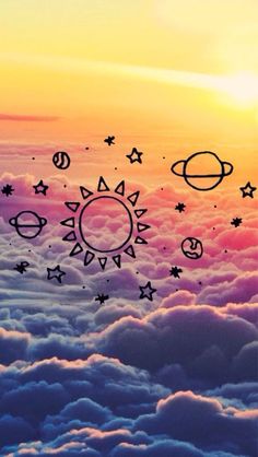 the sun, planets and stars are in the sky above some clouds at sunset or dawn