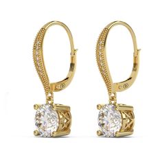 These stunning drop earrings exude elegance and high end luxury. This show stopping design features a single 2.00 Carat solitaire at the base that catches all the attention. These earrings are hand crafted out of genuine 14K gold or sterling silver. The durable basket setting will ensure years of worry free enjoyment. 4.40 CTW D Color VVS1 Clarity Moissanite Stones 8MM X 8MM Round Cut Base 28MM Total Height Box, authenticity card and certificate included Wedding Day Jewelry, Basket Setting, Diamond Guide, Bespoke Jewellery, Womens Wedding Bands, Watch Gifts, Bridesmaids Gifts, Mens Wedding Bands, Fine Jewellery Earrings