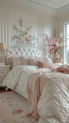 a white bed sitting in a bedroom next to a window