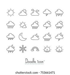 the doodle icon set includes different types of clouds, rain and snowflakes