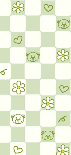 a green and white checkered pattern with teddy bears, hearts, and flowers on it