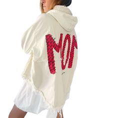 'Love, Mom' Ivory Denim Jacket White Distressed Denim Jacket, White Hooded Jacket With Pockets For Spring, Oversized White Cotton Hooded Jacket, White Distressed Long Sleeve Outerwear, Trendy White Cotton Hooded Jacket, Nyc Studio, Hooded Denim Jacket, Painted Denim, Jacket With Hood