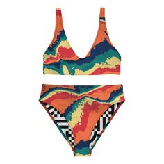 Size: 2XL Bold High Waist Swimwear For The Beach, Bold High Waist Swimwear For Beach, Bold High-waist Swimwear For Beach, Bold Multicolor Swimwear For Beach Season, Vibrant Orange Triangle Top Swimwear, Vibrant Orange Swimwear For Swimming, Bikini Style, Eco Fabric, Bold Color