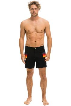 MEN'S HORIZONTAL 5 STRIPE FLEX SHORTS - BLACK Water Activities, Shorts Black, Board Shorts, Hand Stitched, Swim Trunk, Lounge Wear, Lounge, How To Wear, Black