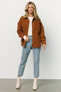 Elevate your fall fashion game with our corduroy shacket in the warm and trendy spice color. This versatile piece effortlessly blends the best of a shirt and a jacket, providing both style and comfort for a cozy yet fashionable look. Brown Cotton Shacket With Corduroy Collar, Casual Corduroy Outerwear With Button Cuffs, Brown Shacket With Button Closure For Spring, Fall Corduroy Outerwear With Patch Pockets, Corduroy Outerwear With Patch Pockets For Fall, Winter Corduroy Button-up Shacket, Corduroy Outerwear With Buttons, Everyday Corduroy Outerwear With Buttons, Brown Shacket With Buttoned Pockets For Spring