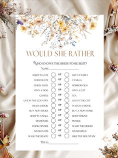 a printable would she rather be the bride to be? game with flowers on it