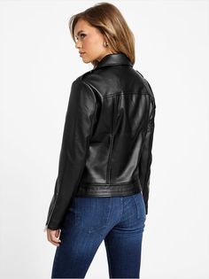 Zita Faux-Leather Moto Jacket | GUESS Factory Trendy Faux Leather Biker Jacket For Work, Sleek Faux Leather Winter Jacket, Sleek Faux Leather Jacket For Winter, Spring Faux Leather Biker Jacket, Casual Faux Leather Biker Jacket With Zipper, Moto Style Faux Leather Jacket For Workwear, Fall Biker Faux Leather Jacket, Fall Faux Leather Biker Jacket, Faux Leather Biker Jacket With Long Sleeves