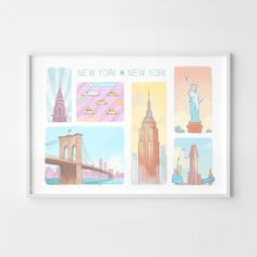 the new york city skyline is depicted in this framed art print, which features famous landmarks