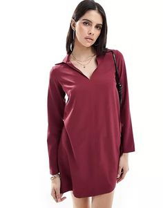 ASOS DESIGN collared mini shift dress in burgundy | ASOS Chic Solid Color V-neck Shirt Dress, V-neck Shift Shirt Dress, Fall V-neck Shirt Dress For Night Out, Chic Red V-neck Shirt Dress, Fall V-neck Shirt Dress In Solid Color, Solid V-neck Mini Dress For Fall, V-neck Solid Color Shirt Dress For Party, Solid Shift Mini Dress For Work, Solid V-neck Shirt Dress For Party