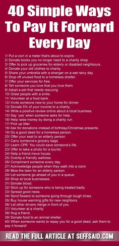 a red poster with the words 40 simple ways to pay it forward every day