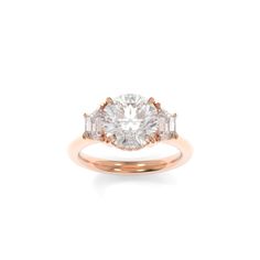 a rose gold engagement ring with three diamonds on the band and an oval cut diamond in the center