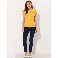 This shirt is made up of several design points: cap sleeve, layer ruffled sleeve, round neck, solid, basic tee, and cute summer tops. Layer-ruffled sleeves provide a sense of design to simple clothes. It is suitable for summer and many occasions, such as office, work, business, casual, and date, or it can be paired with sandals and wide-leg pants for many occasions. Casual Cotton Ruffle Sleeve Top, Solid Color T-shirt With Ruffle Sleeves For Spring, Casual Cotton Short Sleeve Top With Ruffle Sleeve, Casual Cotton Short Sleeve Top With Ruffle, Summer Ruffle Sleeve Tops In Solid Colors, Summer Tops With Ruffle Sleeves In Solid Color, Summer Solid Color Tops With Ruffle Sleeves, Casual Ruffle Sleeve T-shirt For Summer, Casual Summer T-shirt With Ruffle Sleeves