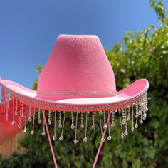 Pink Cowboy Hat, Diamond Rhinestone Fringe Cowgirl Hat,With Rhinestone Hat Band Comes With Removable Chin Strap. The Fringe On The Rhinestone Fringe Bride Cowboy Hat Is A Heavy, Good Quality, Crystal Clear Diamond Fringe Material. Hand Made Size: Adult One Size Fits All. Color: Available In Color Pink, White. Black. Hat Band: Double Rhinestone Band Securely Attached To The Middle Area Of The Hat. If You Prefer No Band, We Can Do That As Well. Great For Western Birthday Party, Bachelorette Party, Cowgirl Pink Hat, Barbie Cowgirl Hat, Bedazzled Cowgirl Hat, Pink Cowboy Party, Pink Space Cowgirl, Hot Pink Cowgirl Hat, Fringe Cowgirl Hat, Disco Cowgirl Aesthetic, Pink Cowgirl Outfit