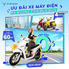 a woman riding on the back of a white scooter next to a yellow motorcycle