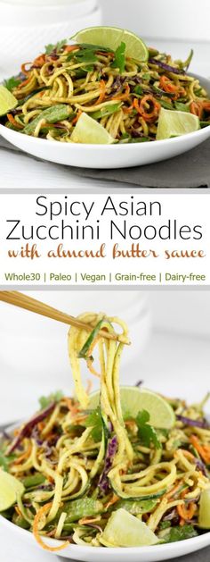 Spicy Asian Zucchini Noodles with Almond Butter Sauce | This chilled 'noodle' salad packed with crunchy veggies features a creamy almond butter dressing with a spicy kick. Serves 3 as a side dish or 2 as an entree with your protein of choice | Whole30 | Paleo | Vegan Almond Butter Dressing, Almond Butter Sauce, Butter Dressing, Zoodle Recipes, Spiralizer Recipes, Noodles Recipe, Paleo Vegan, God Mat, Paleo Whole 30