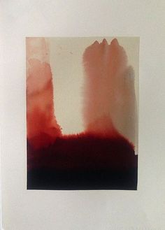 an abstract painting with red and pink colors on white paper, hanging on a wall