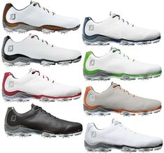 the different types of golf shoes are shown in various colors and styles, including white, black, grey, red, green, orange