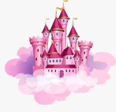 a pink castle in the clouds on a white background