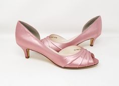 Pink Wedding Shoes With 4-inch Heel, Fitted Pink Wedding Shoes With Round Toe, Fitted Pink Wedding Shoes For Spring, Pink 4-inch Heel Wedding Shoes, Elegant Pink Wedding Shoes, Feminine Pink Kitten Heels For Formal Occasions, Pink Almond Toe Heels For Wedding, Formal Pink Wedding Shoes With Almond Toe, Elegant Pink Low Heel Kitten Heels