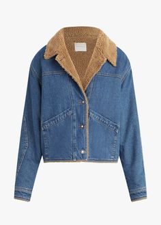 The stonewashed medium blue denim of The Bridget Crop Jacket has cool, vintage vibes thanks to the tan shearling lining, pointed collar and dropped front and back yoke. It has a slightly cropped length and features seam details and low, slanted front pockets for true retro vibes. 91% Cotton, 9% Recycled Cotton Zo is 5'10" wearing size small. Fall Denim Outerwear With Corduroy Collar, Denim Outerwear With Corduroy Collar For Fall, Denim Cropped Jacket, Denim Trucker Jacket, Favorite Daughter, Trucker Jacket, Cropped Jacket, Vintage Vibes, Crop Jacket