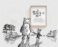 winnie the pooh and piglet are holding hands in front of a framed drawing