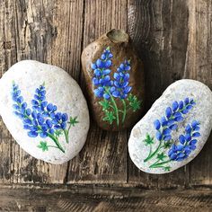 three painted rocks sitting on top of a wooden floor next to a rock with blue flowers