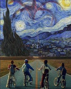 three people riding bikes in front of a painting