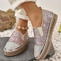 Category:Slip-Ons,Sneakers,Canvas Shoes; Upper Materials:Sparkling Glitter; Embellishment:Embroidery,Crystal,Sequin,Sparkling Glitter; Season:Summer,Fall; Heel Type:Flat Heel; Gender:Women's; Size Suggestion:select one size larger than usual; Activity:Running,Tennis Shoes; Platform Height:1.18; Toe Shape:Round Toe; Style:Preppy,Casual; Heel Height(inch):2-3; Outsole Materials:Rubber; Occasion:Daily,Outdoor; Closure Type:Lace-up; Pattern:Solid Color,Color Block; Listing Date:07/02/2023; Production mode:Self-produce; 2024 Trends:Plus Size,Platform Sneakers,Platform Loafers; Foot Length:; Foot Width:; SizeChart1_ID:2:184315; Size chart date source:Provided by Supplier.; Heel Height:Low Heel Sequin Flats, Women's Slip Ons, Glitter Flats, Mens Trail Running Shoes, Loafers Online, Gold Collar, Glitter Shoes, Platform Loafers, Preppy Casual