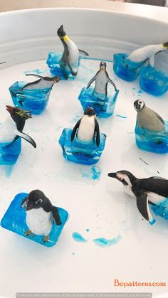 there are many penguins in the water on ice cubes that look like they're melting