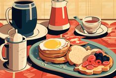 a breakfast plate with eggs, toast, fruit and coffee sits on a red tablecloth