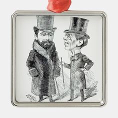 an ornament with a drawing of two people wearing top hats