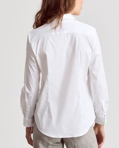 The Shirt by Rochelle Behrens - The Essentials Icon Shirt - White Fitted Business Casual Tops With Shirttail Hem, Fitted Tops With Shirttail Hem For Workwear, Fitted Shirttail Hem Top For Office, Fitted Shirttail Hem Tops For Daywear, Tailored Workwear Top With Spread Collar, Tailored Spread Collar Top For Work, Tailored White Long Sleeve Tops, Fitted Shirttail Hem Shirt For Daywear, Formal White Top With Shirttail Hem