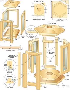 woodworking plans showing the components for a birdhouse and its surroundings, including an open door