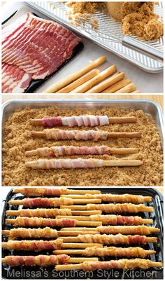 some food is being prepared and ready to be cooked in the oven, including meat sticks