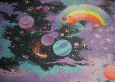 an artistic painting with planets and rainbow colors