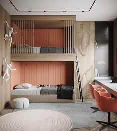 a bedroom with bunk beds and desks in the corner, along with two children's chairs